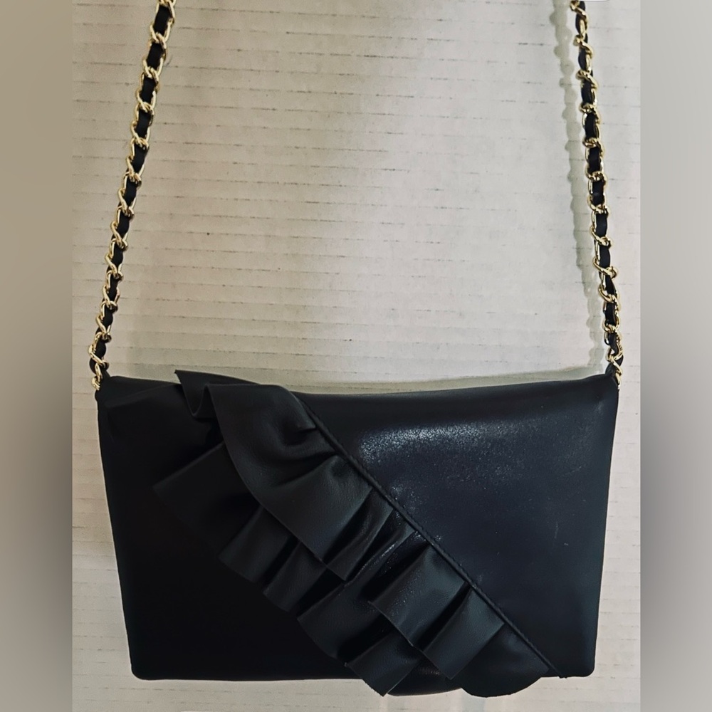 NEW Black Italian Leather Ruffled Clutch with long gold chain.NWT